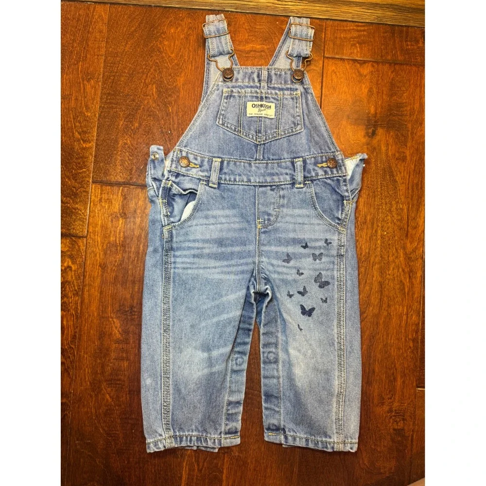 OshKosh Bgosh Girls Denim Butterfly‎ Overalls Light Wash 9M Baby Blue Jeans
